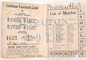 1918 Carlton membership season ticket (#1622), bright blue cover with white club logo and year; the interior surfaces with printed details of the club leadership, the fixtures for the club and hole punched for each game attended,, overall 8.2 x 13cm when - 2