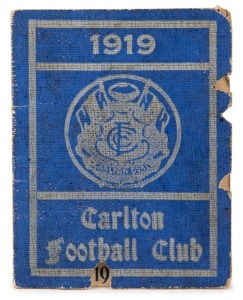 1919 Carlton membership season ticket (#1229), bright blue cover with white club logo and year; the interior surfaces with printed details of the club leadership, the fixtures for the club and hole punched for each game attended,, overall 8.2 x 13cm when 