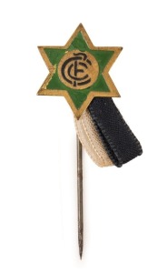 A Carlton "CFC" star lapel pin with blue and white ribbons attached, believed to have been issued by the short-lived Evening Star Newspaper (Melbourne) circa 1933. The only example known to us. The Melbourne Evening Star was launched in 1933 by The Argus.