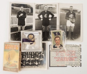 THE 1938 PREMIERSHIP - The Flag at last!Carlton defeated Collingwood by 15 points in the Grand Final, their first premiership since 1915. This group comprises of a 1938 Membership Card [#3711] with holes punched for the 16 games attended by the member; a 