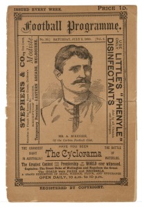 1890 "Football Programme", Vol.2 No.10, for Saturday July 5, 1890 with details of matches between Victoria v South Australia, Carlton v Footscray, North Melbourne v Fitzroy and Port Melbourne v Williamstown; a Premiership ladder with 12 teams, and a note 