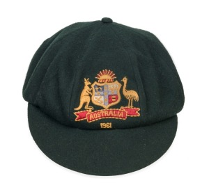 BOB SIMPSON'S 1961 BAGGY GREEN CAP, Bob Simpson's "Baggy Green" Australian Test Team cap, green wool with embroidered Australian coat of arms and the series date "1961" embroidered to the front panel. Farmer's Sydney makers label to inside crown with "R. 