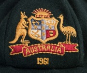 BOB SIMPSON'S 1961 BAGGY GREEN CAP, Bob Simpson's "Baggy Green" Australian Test Team cap, green wool with embroidered Australian coat of arms and the series date "1961" embroidered to the front panel. Farmer's Sydney makers label to inside crown with "R. - 3