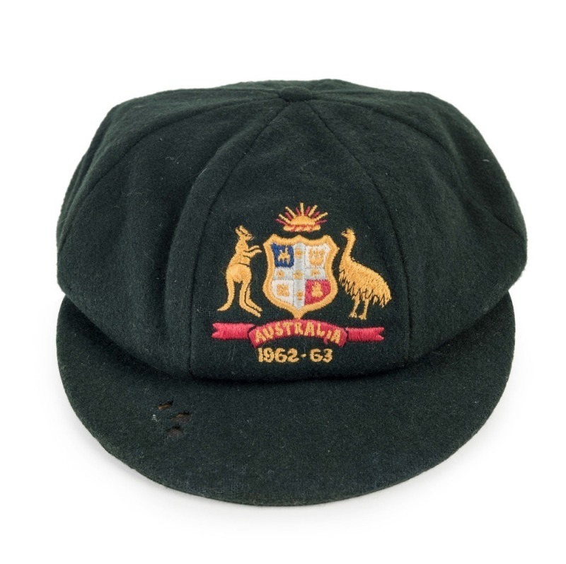 BARRY JARMAN'S 1962-63 BAGGY GREEN, Barry Jarman's "Baggy Green" Australian Test Team cap awarded to him on his selection for the Ashes Series against England in Australia 1962-1963; green wool with Australian coat of arms and the dates "1962 - 1963"embro