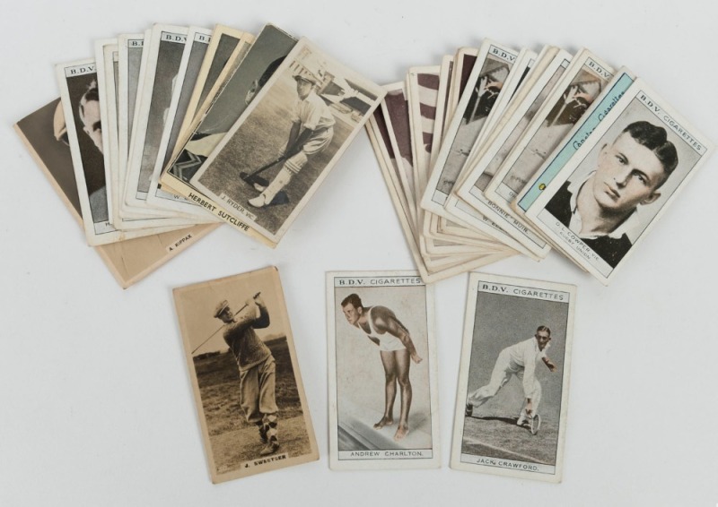 A small accumulation of sporting cigarette cards all contained in an old-time "The Greys" Drapkin Tobacco tin; subjects include cricket, Australian Rules Football, Rugby, Boxing, etc. (39). Mixed condition.