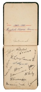 THE BODYLINE SERIES: The autograph book presented as a Christmas present by the mother of a young Scotch College student in Melbourne in December 1930. Young Stanley Evans of Kew managed to collect the original signatures of the whole English Touring Party of 16, including Jardine, Duckworth, Larwood, Verity, Sutcliffe and Tate; as well as several other non-cricket signatures.