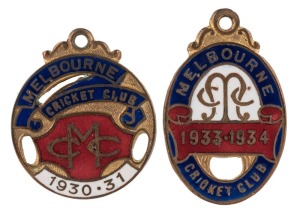 MELBOURNE CRICKET CLUB, membership fobs for 1930-31 (#1204) and 1933-34 (#1992), both made by C. Bentley. (2).