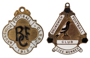 BRUNSWICK FOOTBALL CLUB: 1912 membership fob #696 made by Bridgeland & King; together with BRUNSWICK FOOTBALL CLUB life member's fob featuring a magpie engraved to "W. H. Stein Esq. 1926" made by Stokes (2 items)
