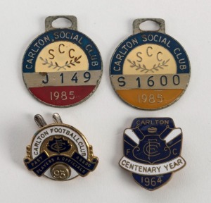 CARLTON FOOTBALL CLUB: Membership badges and fobs comprising 1964, 1985 (2 including Junior) and 1993 Past Players & Officials Assoc. (4 items)