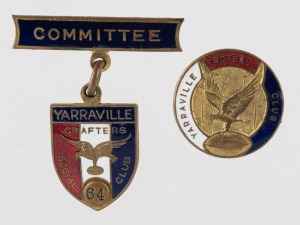 YARRAVILLE FOOTBALL CLUB: 1964 Committee Member (#1) badge with attached fob together with an undated membership badge (similar period) by K. G. Luke (2 items)