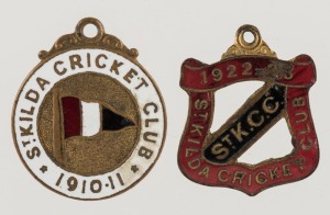 ST. KILDA CRICKET CLUB: 1910-11 (#276) and 1922-23  (#773) membership fobs by Bridgland & King (2 items)