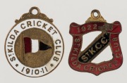 ST. KILDA CRICKET CLUB: 1910-11 (#276) and 1922-23&nbsp; (#773)&nbsp;membership fobs by Bridgland & King (2 items)