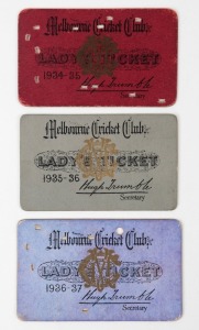 MELBOURNE CRICKET CLUB LADY'S TICKETS: 1934-35, 1935-36 and 1936-37 (3 items)