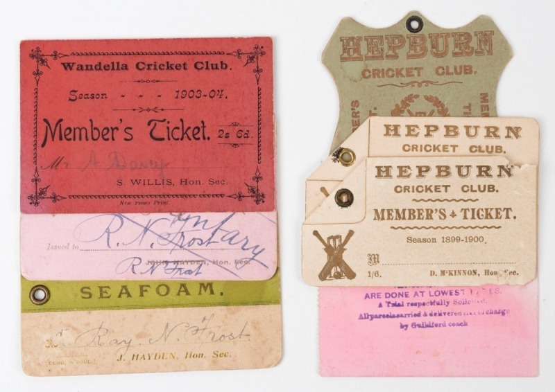An interesting group of early cricket club tickets including 1890's Hepburn Members Ticket, 1896 Hepburn Cricket Concert and Dance Ticket, 1899-1900 Members Tickets (2), 1897-98 Nirranda Ladies Cricket Club Members Ticket for Mr. Ray N. Frost (Coach), 190