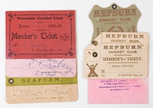 An interesting group of early cricket club tickets including 1890's Hepburn Members Ticket, 1896 Hepburn Cricket Concert and Dance Ticket, 1899-1900 Members Tickets (2), 1897-98 Nirranda Ladies Cricket Club Members Ticket for Mr. Ray N. Frost (Coach), 1904-05 Nirranda Ladies Cricket Club Complimentary ticket for Mr. Ray N. Frost and 1903-04 Wandella Cricket Club Members ticket (7 items)