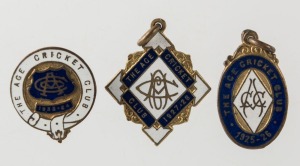 THE AGE CRICKET CLUB: Membership fobs 1925-26 (#210) and 1927-28 (#164) together with a lapel badge for 1933-34 (#77) (3 items)