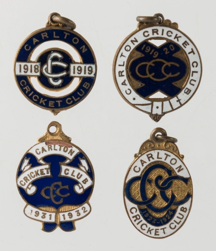 CARLTON CRICKET CLUB: Membership fobs 1918-19 (#222), 1919-20 (#272), 1923-24 (#407) and 1931-32 (#311) (4 items)