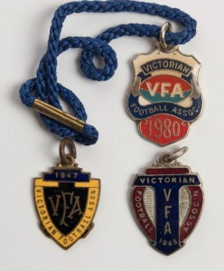 VICTORIAN FOOTBALL ASSOCIATION fobs for 1947 (#221), 1948 and 1980 (#18), (3 items).