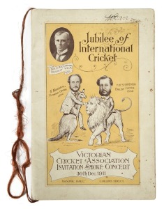 JUBILEE OF INTERNATIONAL CRICKET: "Victorian Cricket Association Invitation Smoke Concert, 30th Dec. 1911, Masonic Hall, Collins Street.", 12-page pictorial programme featuring the 1862 Captains (Marshall and Stephenson) on the front cover, the programme 
