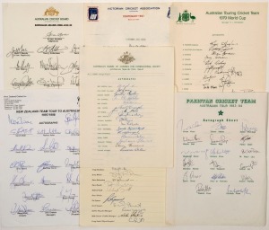 OFFICIAL TEAM SHEETS: AUSTRALIAN TEAM ON TOUR 1966-67 (Bob Simpson, Capt.) with 16 signatures; PAKISTAN AUSTRALIAN TOUR TEAM 1983-84 (Imran Khan, Capt.) with 17 signatures; SOUTH AFRICAN TEAM to The Hero Cup and Australian Tour 1993-94 (Kepler Wessels, Ca