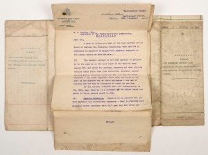 5 May 1910 "Agreement between The Melbourne Cricket Club, Victorian Cricket Association & The Trustees of Melbourne Cricket Ground", signed by Leo Cussen & Benjamin Wardill for the M.C.C., Donald McKinnon & Edward Heather for the V.C.A., and John Mackey for the M.C.G. Also, a similar document dated 15th Dec. 1919, signed by Leo Cussen & Hugh Trumble for the M.C.C., Donald McKinnon & Ernets Bean for the V.C.A., and John Mackey for the M.C.G.; also some 1910 correspondence from Colin Sinclair.