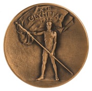 1932 LOS ANGELES bronze Participation Medal by Julio Kilenyi of New York, and produced by Whitehead-Hoag, USA; 69mm, 147gm. Obverse: standing male athlete carrying an unfurled banner of the Xth Olympiad. Reverse: Two seated female figures supporting the s - 2