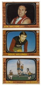 1967 Scanlens "Footballers" almost complete set [71 of 72; lacks #19 Daryl Peoples] including Bob Skilton, John Newman, Ted Whitten, Ron Barassi and "Polly" Farmer. Mixed condition.