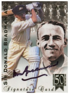 1998 SELECT "Don Bradman Signature Card" #042/50 in excellent condition; slabbed. Accompanied by the matching Redemption Card. (2 items)
