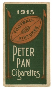 1915 Sniders & Abrahams "1915 Football Fixtures" distributed with Peter Pan cigarettes; card-size, folds out twice to list all League and Association fixtures. In very fine condition. Extremely scarce; we know of only one other example.