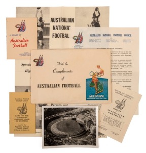 AUSTRALIAN FOOTBALL AT THE 1956 MELBOURNE OLYMPICS: A promotional package produced by the Australian National Football Council to be distributed during the Olympic Games. Included are a"A Primer of Australian Rules", "Laws of the Australian National Game 