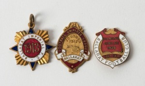 BALLARAT: 1913 Ballarat Imperial Football Club membership bob (#132) by Stokes; Ballarat Football Umpires League 1913 Foundation fob by Stokes; 1935 Ballarat Football Club 1935 Diamond Jubilee membership fob (#163). (3 items).