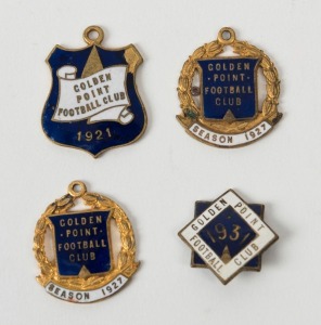 GOLDEN POINT FOOTBALL CLUB: 1921, 1927 (x2) and 1931 membership fobs (the last missing the clasp), (4 items). 1921 was a Premiership year.