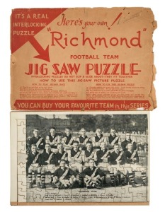 "RICHMOND FOOTBALL TEAM JIG SAW PUZZLE" circa 1933, complete (ex one piece at left margin) with original backing card and printed envelope, overall 20.5 x 28.5cm. The team includes Jack Dyer, Jack Titus and Stan Judkins, Richmond's first Brownlow medal wi
