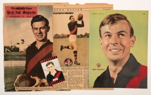 JOHN COLEMAN - ESSENDON: A 1954 Coles VFL player card featuring Coleman (from Series 2); a Coleman badge from The Argus series and three 1949-53 magazine pic in colour. (5 items).