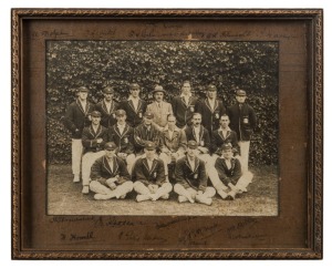 THE ENGLISH TOURING PARTY IN AUSTRALIA 1920-21 An original photograph of the English Touring Party taken in Adelaide (by local commercial photographer W.S.Smith) and signed in the mount by all sixteen players and the manager; including Johnny Douglas (Capt.), Percy Fender, Wilfred Rhodes, Jack Hobbs, Arthur Dolphin and Jack Russell. In a period frame, overall 21 x 26cm. Taken during the visit to Adelaide for the Third Test (14-20 Jan. 1921), which Australia won by 119 runs.