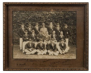 THE ENGLISH TOURING PARTY IN AUSTRALIA 1920-21 An original photograph of the English Touring Party taken in Adelaide (by local commercial photographer W.S.Smith) and signed in the mount by all sixteen players and the manager; including Johnny Douglas (Cap
