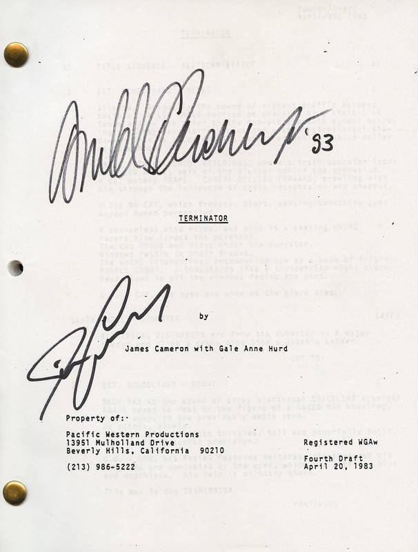 "TERMINATOR": Arnold Schwarzenegger & James Cameron, both signatures on "Terminator" script, with Schwarzenegger the star & Jim Cameron the writer & director of the movie. With CoA. Also signed photograph of Schwarzenegger as the Terminator, framed & glaz