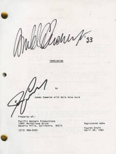 "TERMINATOR": Arnold Schwarzenegger & James Cameron, both signatures on "Terminator" script, with Schwarzenegger the star & Jim Cameron the writer & director of the movie. With CoA. Also signed photograph of Schwarzenegger as the Terminator, framed & glaz