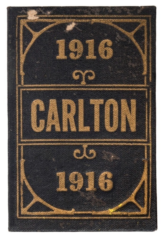 1916 Carlton membership season ticket (#1988), black buckram cover with gilt club name and year; the interior surfaces with printed details of the club leadership, the fixtures for the club and a hole punched for each game attended,, overall 9.1 x 12.1cm