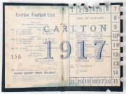 1917 Carlton membership season ticket (#155), deep blue buckram cover with gilt club name and year; the interior surfaces with printed details of the club leadership, the fixtures for the club and a hole punched for each game attended, overall 9.2 x 12.5c - 3