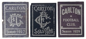 1927, 1928 & 1929 Carlton Membership Cards, (3); mainly very good condition; all extremely scarce. Carlton finished 4th, 4th and 2nd; while the premierships were won by Collingwood in all three years.