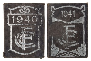 1940 & 1941 Carlton membership season tickets (#236), blue/black buckram covers with silver club logos and text; the interior surfaces with printed details of the club leadership, the fixtures for the club and holes punched for each game attended, each ov