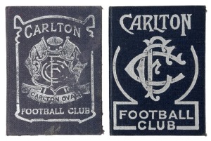 1942 & 1944 Carlton membership season tickets, blue/black buckram covers with silver club logos and text; the interior surfaces with printed details of the club leadership, the fixtures for the club (1944) and holes punched for each game attended, each ov