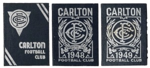 1946, 1948 & 1949 Carlton membership season tickets, blue/black buckram covers with silver club logos and text; the interior surfaces with printed details of the club leadership, the fixtures for the club and holes punched for each game attended, each ove