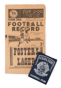 CARLTON: Member's Season Ticket for 1947 (Premiership Year), with fixture list & hole punched for each game attended. Plus the Football Record for the Grand Final Match in which Carlton defeated Essendon by one point in front of over 85,000 fans. (2 items