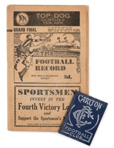 CARLTON: Rare Season Ticket (#A088) for 1945 (Premiership Year), with fixture list  at right; the left side of the opened-out card with a printed label affixed "VICTORIAN FOOTBALL LEAGUE 1945 Officials and Players' Pass Admitting to GRANDSTAND on day club
