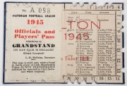 CARLTON: Rare Season Ticket (#A088) for 1945 (Premiership Year), with fixture list  at right; the left side of the opened-out card with a printed label affixed "VICTORIAN FOOTBALL LEAGUE 1945 Officials and Players' Pass Admitting to GRANDSTAND on day club - 2