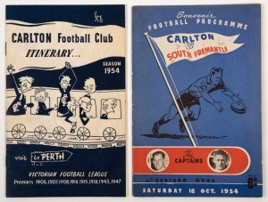 CARLTON 'Souvenir Football Programme, Carlton v South Fremantle, at Subiaco Oval, Saturday 16 Oct.1954'; plus Carlton Football Club Itinerary, Season 1954, visit to Perth'. (South Fremantle were WA Premiers in 1954).
