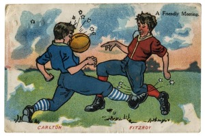1907 Valentine's picture postcard 'Football Cartoons - A Friendly Meeting, Carlton v Fitzroy', Fine Used to a Carlton address.