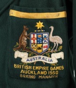 1950 BRITISH EMPIRE GAMES AUCKLAND: Australian team blazer belonging to R. Jackson, manager of the Australian boxing team to the games; Green flannel, gold silk trim, original buttons and labels; The Coat of Arms to the pocket in superb condition however, - 2